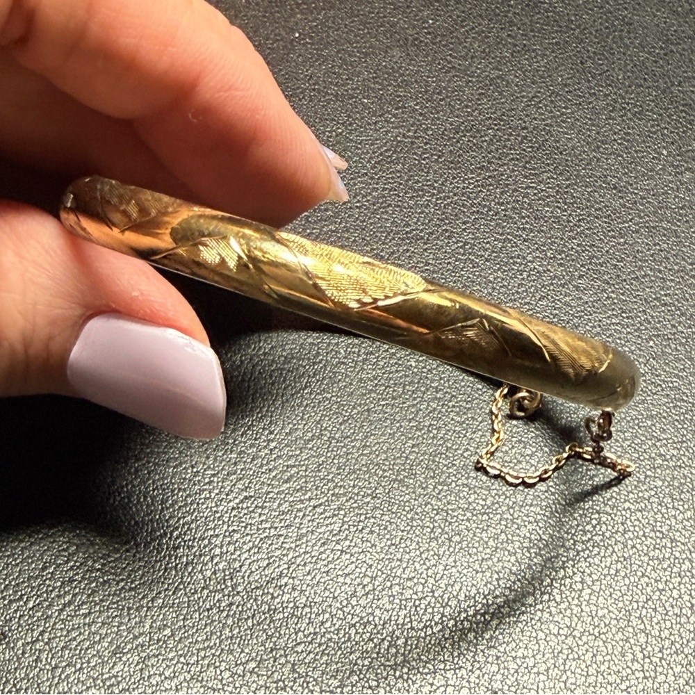 Vintage Sterling Silver Vermeil Etched Bangle Bracelet PAJ Safety Chain 6 3/4" - Picture 9 of 10